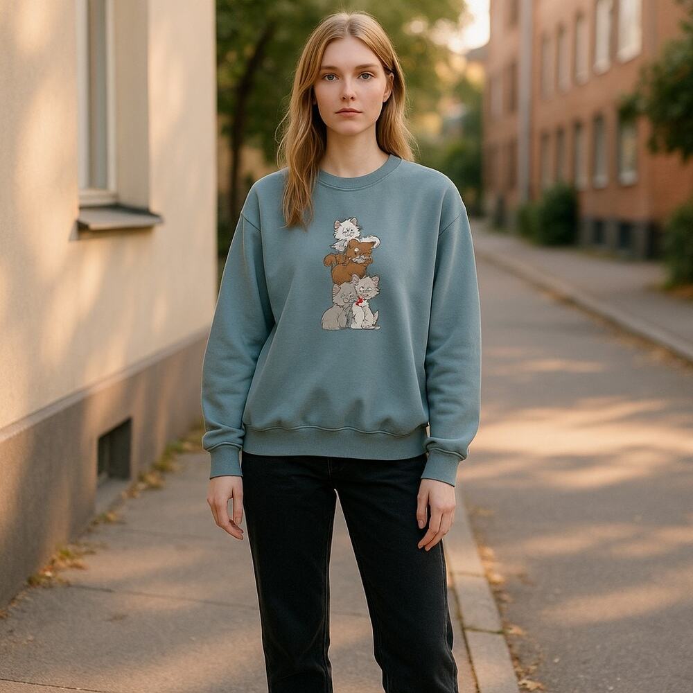 Morning Sun Crewneck Sweatshirt with Ribbed Trim Cat Appliqué Granny Womens L - Picture 2 of 7